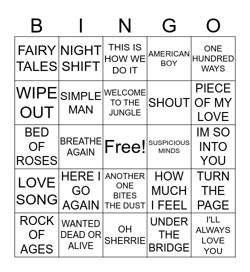 Kamikazi Karaoke Bingo Card