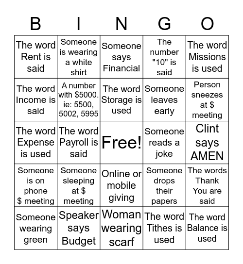 Faith Alive Financial Meeting Bingo Card