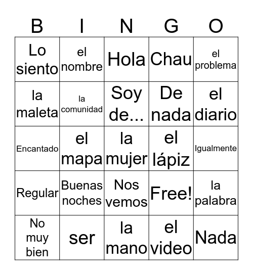 Vocabulario  Bingo Card