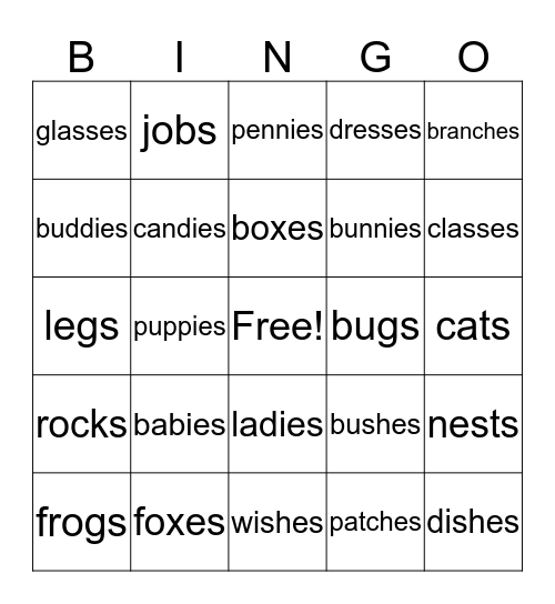 1st Grade Plurals with -s, -es, -ies Bingo Card