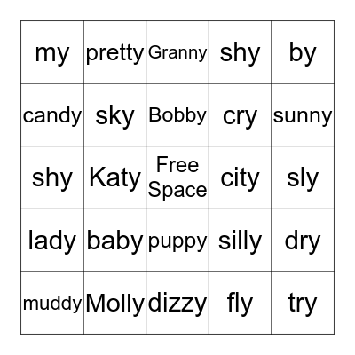 1st Grade Words with -y Bingo Card