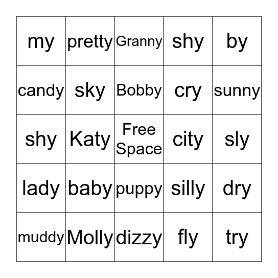 1st Grade Words with -y Bingo Card