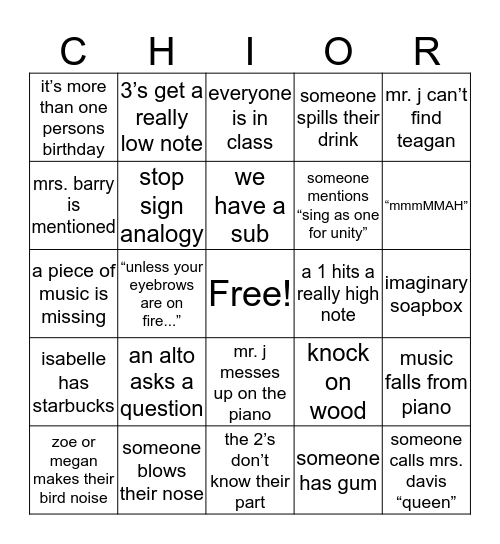 Cantilena Bingo Card