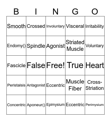 Skeletal Muscle Bingo Card