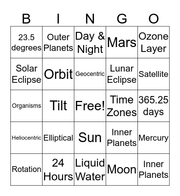 Motions of the Earth Bingo Card