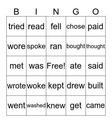 Past Verbs Bingo Card