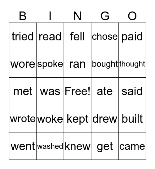 Past Verbs Bingo Card