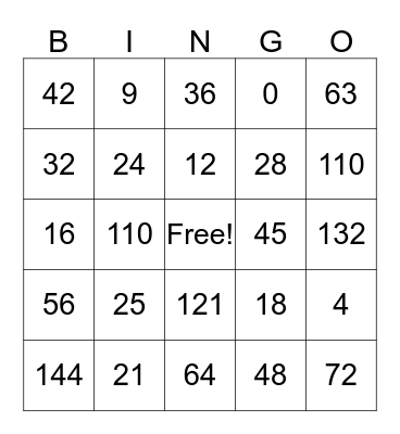 Multiplication Bingo Card