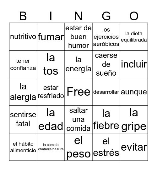 Vocabulario de la salud  Bingo Card