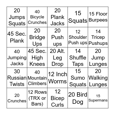 Fitness  Bingo Card