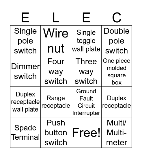 Electricity ID Bingo Card