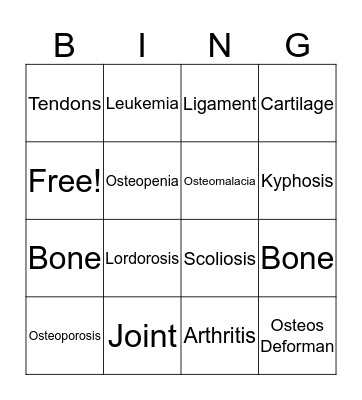 Skeletal System  Bingo Card