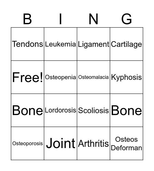 Skeletal System  Bingo Card