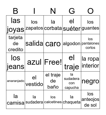 Las compras y la ropa  Bingo Card