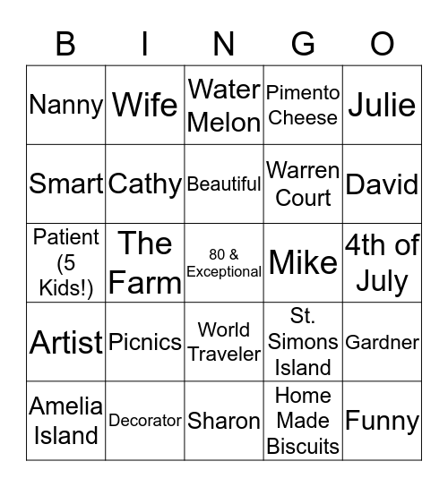 Nanny's 80th Birthday Bingo Card