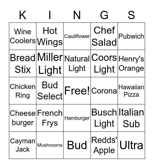 Kings Inn Bingo Card