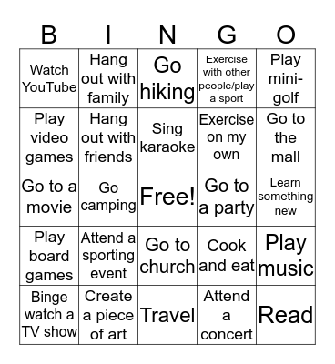 Activity Bingo Card