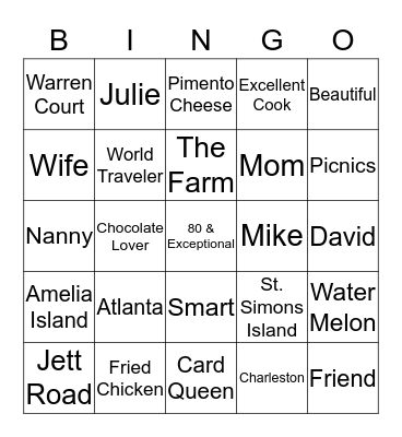 Nanny's 80th Birthday Bingo Card