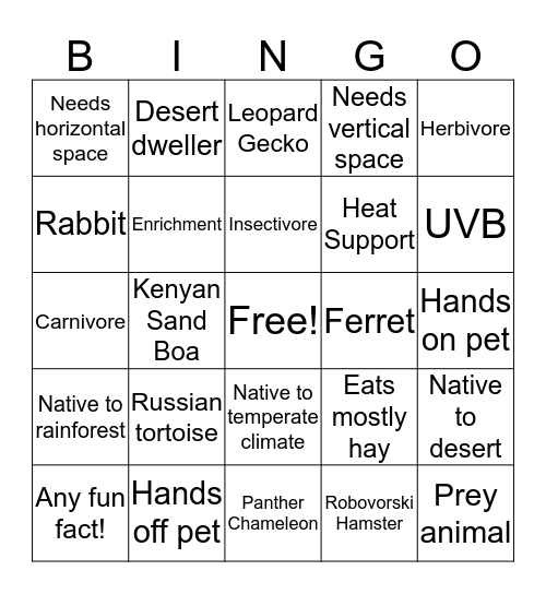 Exotic Pet Bingo Card
