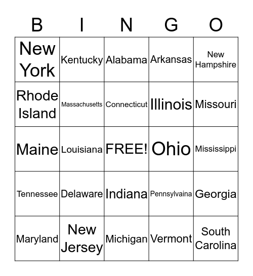 Statehoods 1-26 Bingo Card