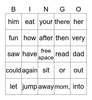 Sight Words Bingo Card