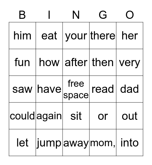 Sight Words Bingo Card