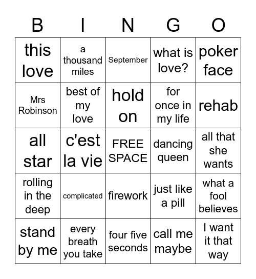 rock n roll music bingo SING ALONG 2 Bingo Card
