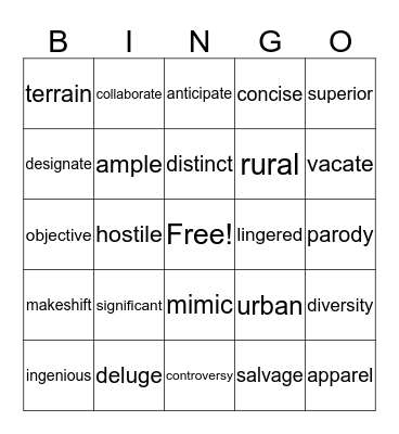 Vocabulary Bingo Card