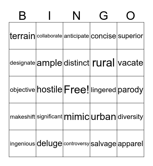 Vocabulary Bingo Card