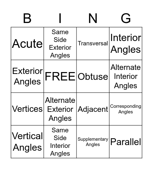 Angle Classification Bingo Card