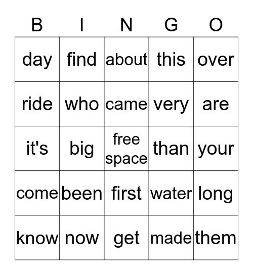 Sight Words Bingo Card