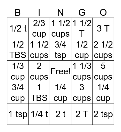 Kitchen Measurements Bingo Card