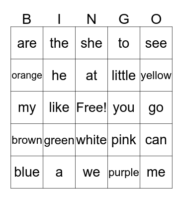 Sight Words Bingo Card