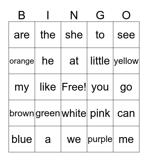 Sight Words Bingo Card