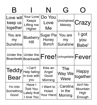 Love Song Bingo Card