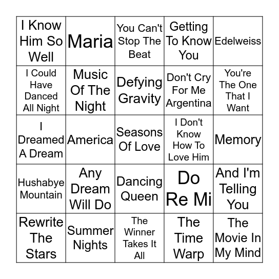 Musicals Bingo Card