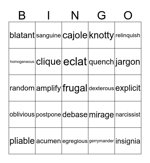 Vocabulary Boot Camp Week 5 Bingo Card