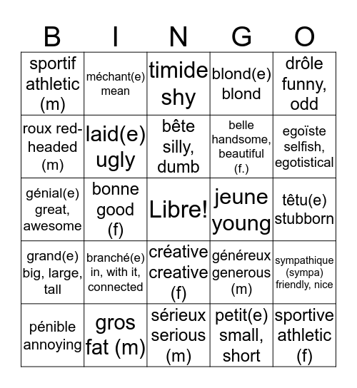 Les Adjectifs Bingo Card