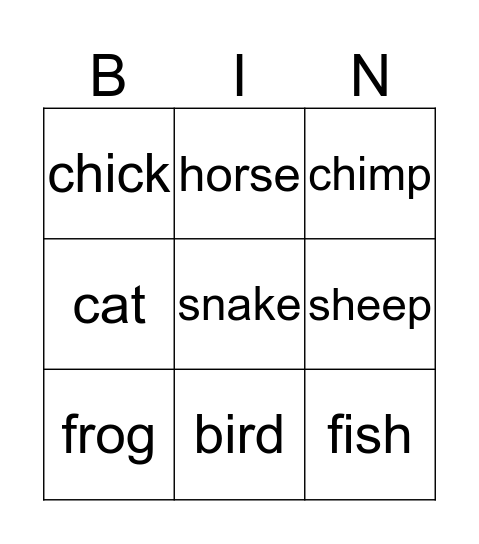 Animals Bingo Card