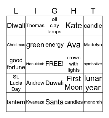 Celebrations of Light Bingo Card