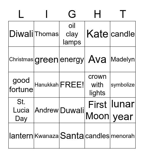 Celebrations of Light Bingo Card