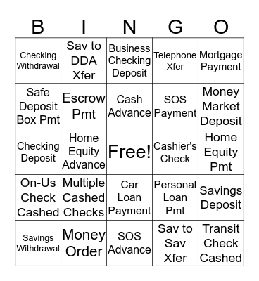 Transaction Bingo Card
