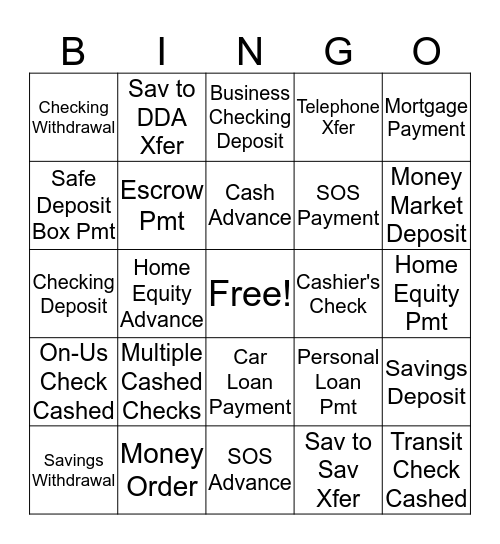 Transaction Bingo Card