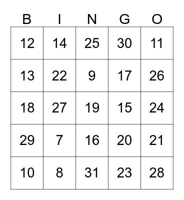 Los numeros 7 - 31 Bingo Card