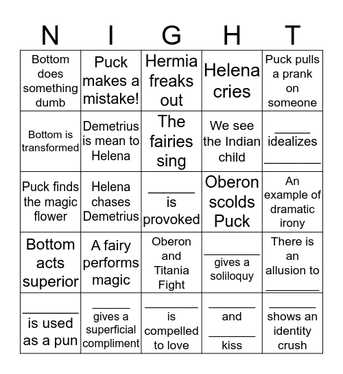 A Midsummer Night's Dream Video Bingo- Act 2 & 3 Bingo Card