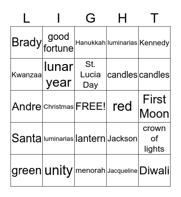 Celebrations of Light Bingo Card