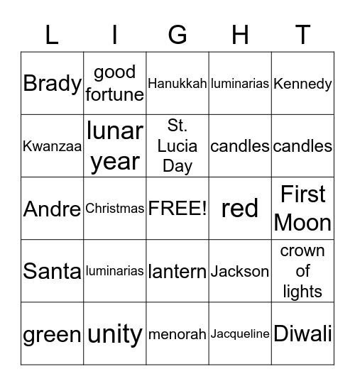 Celebrations of Light Bingo Card