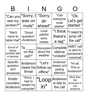 AMET call Bingo Card
