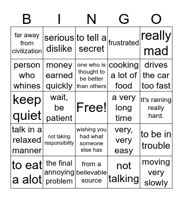Idiom Bingo Card