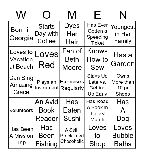 Sit -N- Sip Bingo Card